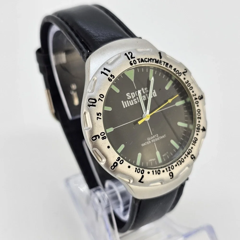 Sports Illustrated Men's Watch 40MM Black Dial Black Leather Bands New Battery